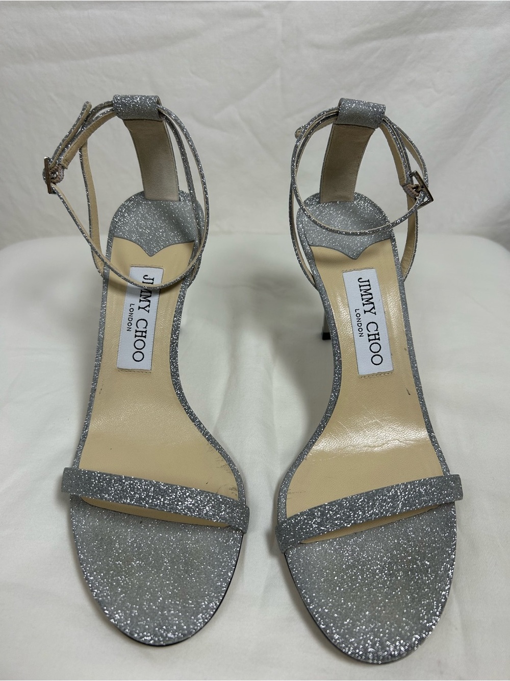 Jimmy Choo Silver Fine Glitter Minny Ankle Strap Sandal Heels